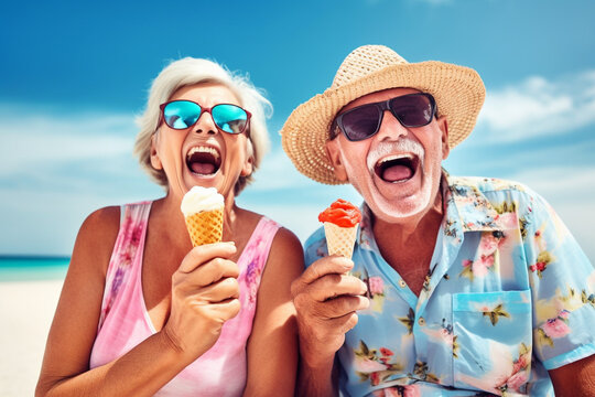 Old couple of husband and wife, enjoying retirement - they are eating icecream and laughing on a beach. Generative AI