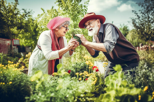 Old couple of husband and wife, enjoying retirement - they are gardening together. Generative AI