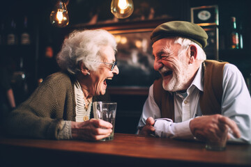 Old couple of husband and wife, enjoying retirement - they are drinking and having fun in a pub. Generative AI