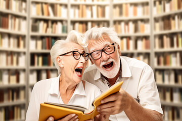 Old couple of husband and wife, enjoying retirement - they are reading in a library and having a good time together. Generative AI