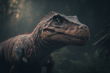 A menacing dinosaur with sharp teeth and claws stands in a prehistoric landscape. Generative AI.