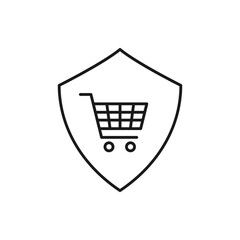 Shopping cart with shield line icon isolated on white background. Vector illustration