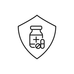 Medical pills with shield. Medicine protection line icon isolated on white background. Vector illustration