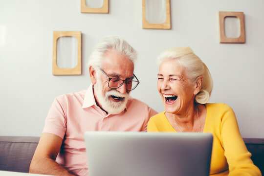 Old couple of husband and wife, enjoying retirement - they are looking at a laptop and laughing. Generative AI