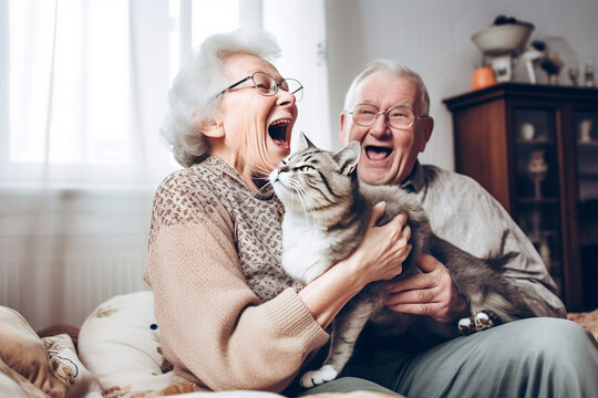 Old couple of husband and wife, enjoying retirement - they are playing with a cat and laughing. Generative AI