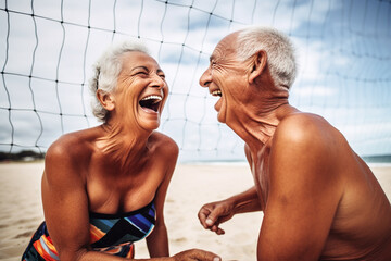Old couple of husband and wife, enjoying retirement - they are playing volleyball on a beach. Generative AI