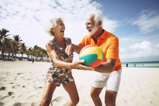 Old couple of husband and wife, enjoying retirement - they are playing volleyball on a beach. Generative AI