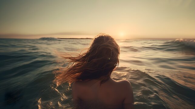 Woman on the beach at sunset, girl in the sea. View from behind, inspirational picture, great holiday summer.