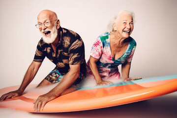 Old couple of husband and wife, enjoying retirement - they are having fun surfing. Generative AI