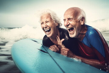 Old couple of husband and wife, enjoying retirement - they are having fun surfing. Generative AI - obrazy, fototapety, plakaty