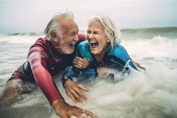Old couple of husband and wife, enjoying retirement - they are having fun surfing. Generative AI