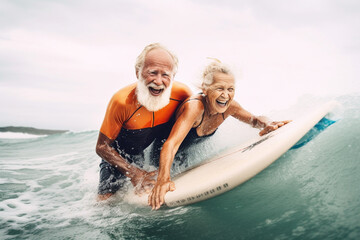Old couple of husband and wife, enjoying retirement - they are having fun surfing. Generative AI