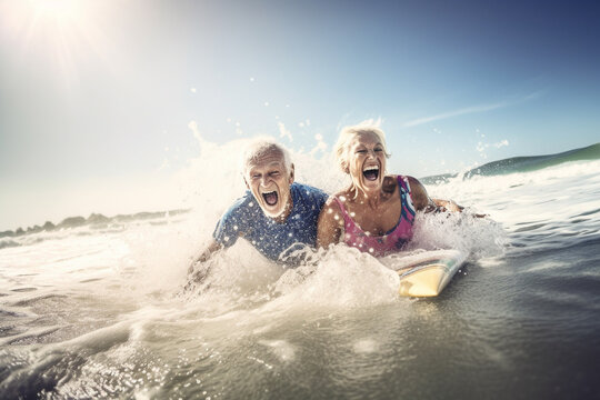 Old couple of husband and wife, enjoying retirement - they are having fun surfing. Generative AI