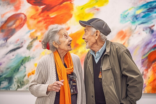 Old couple of husband and wife, enjoying retirement - they are visiting a modern art gallery Generative AI