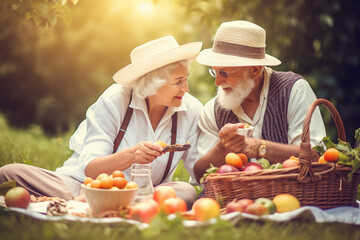 Old couple of husband and wife, enjoying retirement - they are having a picknick. Generative AI