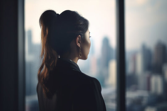 Conceptual portrait of a young and successfull business woman. She is looking through the window of her office to the busy town. Illustration. Generative AI