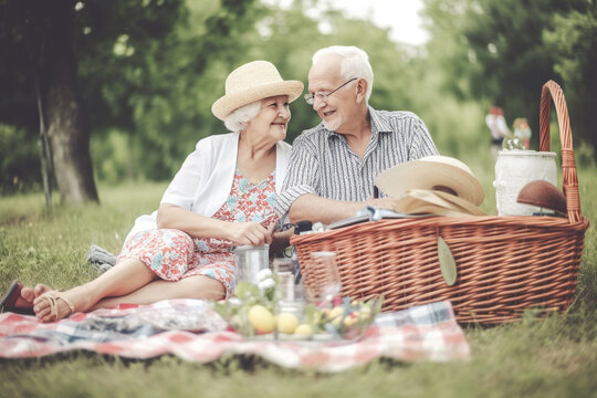 Old couple of husband and wife, enjoying retirement - they are having a picknick. Generative AI