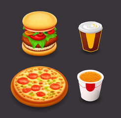 Cartoon set of pizza, hamburger and fast food drinks icons. Vector illustration