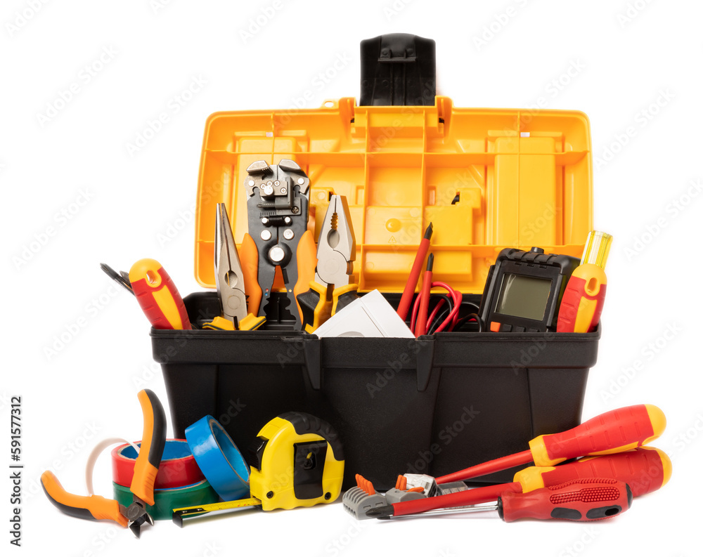 Wall mural composition with electrician tools and accessories isolated on white background. tool box. electrici