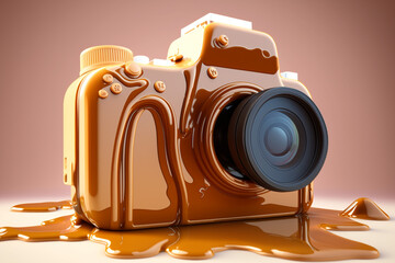 Melted vintage camera and caramel sauce on a brown background Generative AI