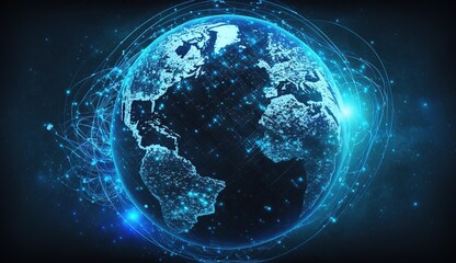 Global network on the globe. Blue futuristic background with planet Earth.AI generated