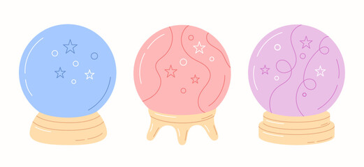 Magic crystal balls collection in pastel colors. Fortune teller symbol isolated on white background. Vector illustration