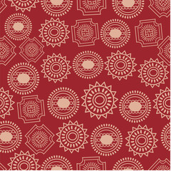 African tribal seamless repeat pattern design. African signs and symbols with scarlet background surface pattern. ethnic fashion fabric textile print 