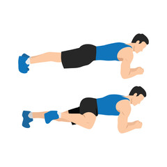 Man doing Abdominal exercise position introduction with Plank Knee to Elbow in 2 step for guide.