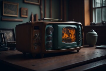 a old retro vintage tv on a table in a cozy office room. Generative AI
