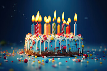 birthday cake with colored candles on blue background. Ai generative