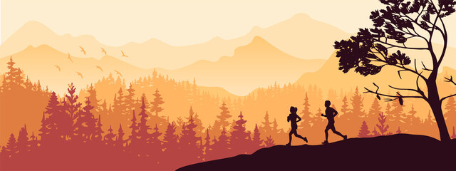 Naklejka na ściany i meble Silhouette of boy and girl jogging. Forest, meadow, mountains. Horizontal landscape banner. Orange and yellow illustration. 