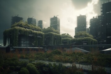 A futuristic cityscape with advanced food production and agriculture systems, Generative AI