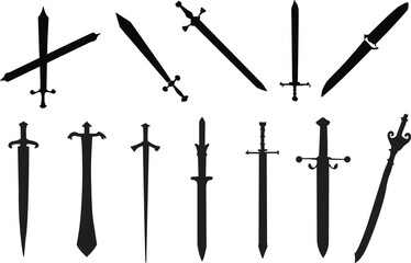 Set of sword silhouettes. Swords vector illustrations set.