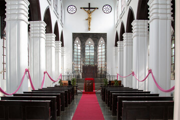 Hall of the Catholic Church with columns. Church, religion, cross, Jesus, place of prayer, interior