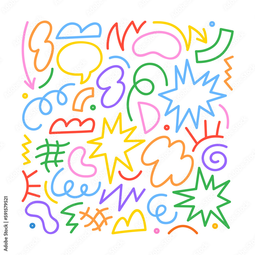 Poster fun colorful abstract line doodle shape set. creative minimalist style art symbol collection for chi