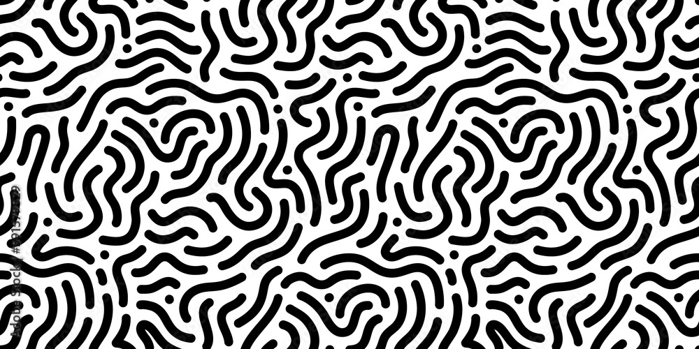 Poster Black and white line doodle seamless pattern. Creative minimalist style art background, trendy design with basic shapes. Modern abstract monochrome backdrop.