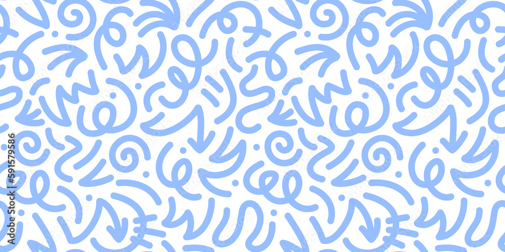 Poster Fun line doodle seamless pattern. Creative abstract squiggle style drawing background for children or trendy design with basic shapes. Simple childish scribble wallpaper print.