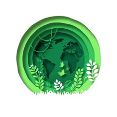 Green paper cut earth planet with nature environment inside. Modern 3d papercut illustration concept of world map, plant leaf and butterfly. Eco friendly solution, natural care design.