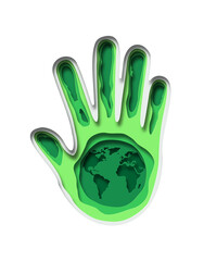Fototapeta premium Green paper cut earth planet inside human hand. Modern 3d papercut illustration concept of nature world map handprint. Eco friendly charity support, environment help design.