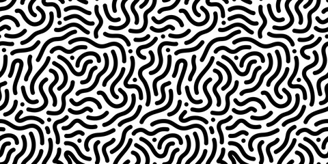 Black and white line doodle seamless pattern. Creative minimalist style art background, trendy design with basic shapes. Modern abstract monochrome backdrop.