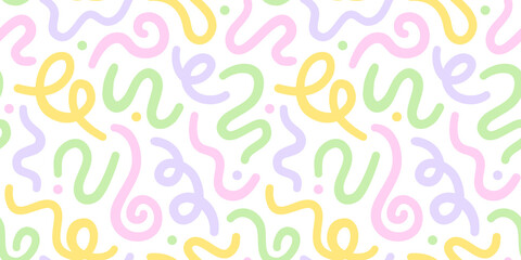 Fun colorful line doodle seamless pattern. Creative abstract squiggle style drawing background for children or trendy design with basic shapes. Simple childish color scribble wallpaper print.