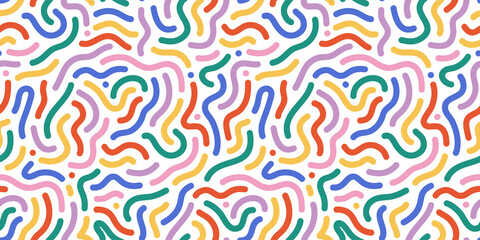 Colorful line doodle seamless pattern. Creative minimalist style art background, trendy design with basic shapes. Modern abstract color backdrop.	