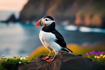 Arctic puffin bird (Fratercula arctica) on the steep cliffs of Nordic shore, beautiful northern flowers, dramatic waves, low clouds. Generative AI
