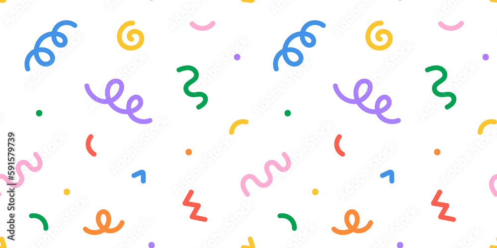 Poster Fun colorful line doodle seamless pattern. Creative minimalist style art background for children or trendy design with basic shapes. Simple party confetti texture, childish scribble shape backdrop.