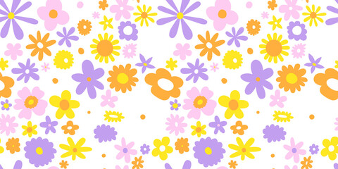 Fototapeta na wymiar Colorful retro flower bed seamless pattern. Vintage scandinavian art style floral background print. Spring nature wallpaper texture, beautiful cartoon garden backdrop.