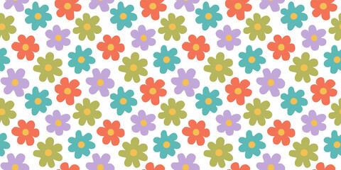 Fototapeta na wymiar Colorful floral seamless pattern illustration. Vintage flower background art design. Retro pastel color spring artwork, groovy seventies nature backdrop with hippie flowers.