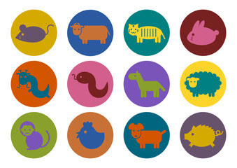 十二支のカラフルな円形アイコンイラストセット