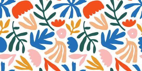Fototapeta na wymiar Colorful flower seamless pattern illustration. Children style floral doodle background, funny basic nature shapes wallpaper. 