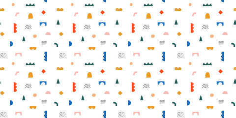 Fun colorful doodle seamless pattern. Creative minimalist style art background for children or trendy design with geometric shapes. Simple childish backdrop.