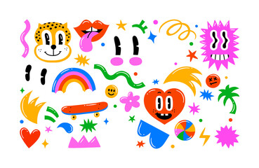 Colorful retro cartoon doodle illustration set. Vintage style eye and happy faces reaction sticker collection. Funny psychedelic character smiling, modern flat drawing art.